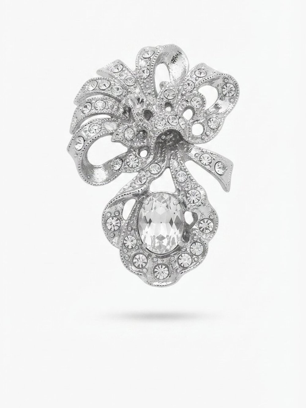 Vintage Silver-Tone Crystal Bow and Droplet Brooch | Retro Rhinestone Scarf Clip